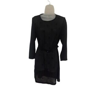 Tivoli Womens Black Sheer‎ Floral Embroidered Belted Long Sleeve Dress